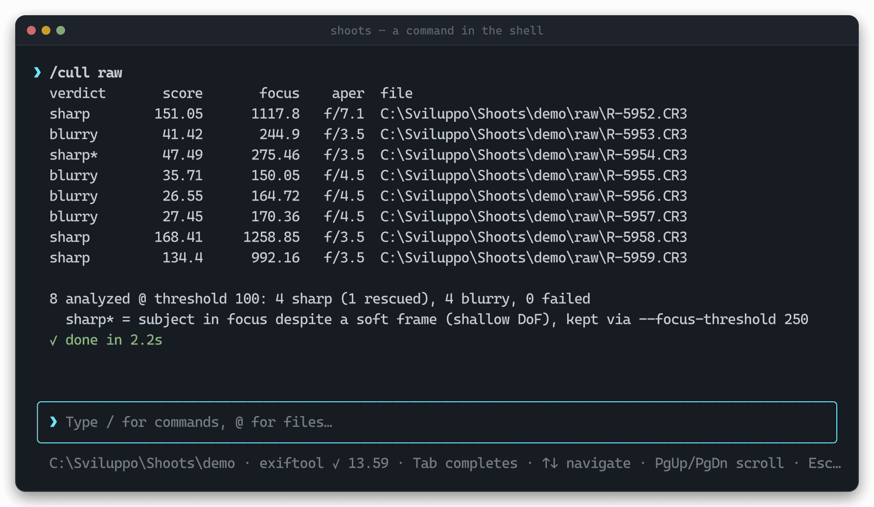 A cull run executed from the shoots interactive shell, with per-frame sharpness scores streaming into the scrollback