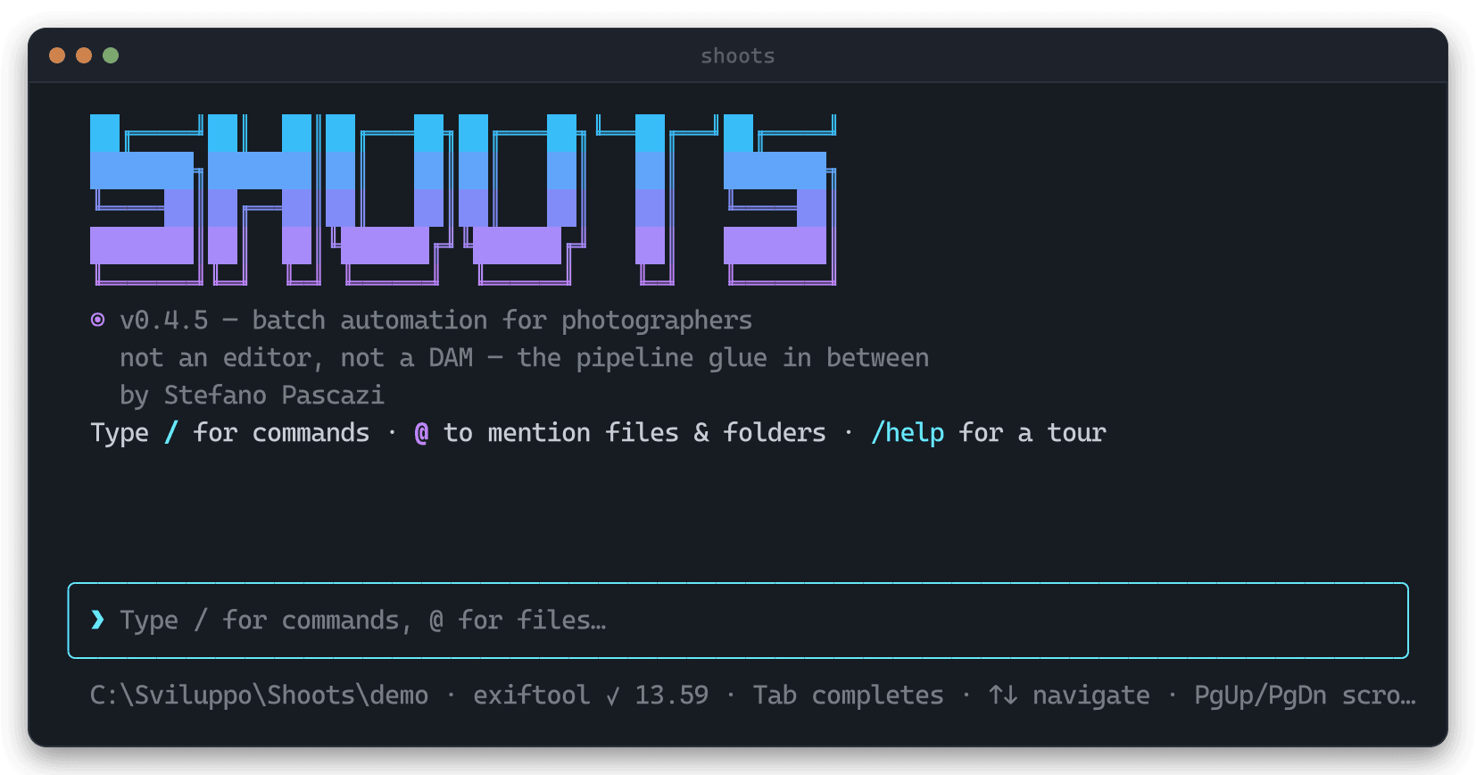 The interactive shell as it opens: wordmark, environment line, empty prompt.
